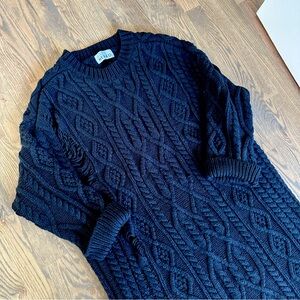 Kate Hewko Oversized Black Cable Knit Distressed Sweater Dress, Size Large